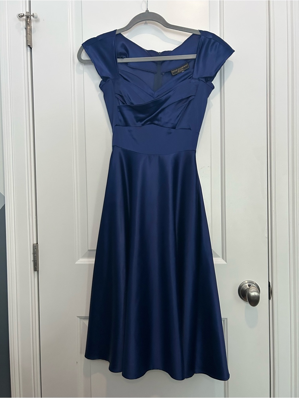 Stop Staring Ceceilia Dress in Navy Blue A Line Midi Dress Retro Vintage Satin